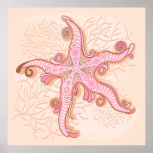 Starfish and Coral Pink Pastel Pattern Poster
