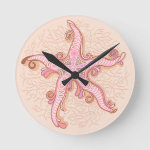 Starfish and Coral Pink Pastel Pattern Round Clock