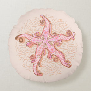 Starfish and Coral Pink Pastel Pattern Round Cushion