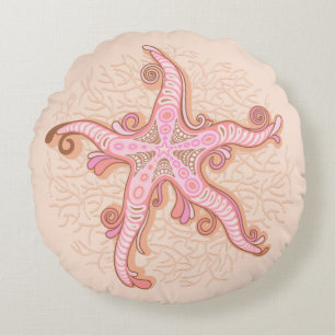 Starfish and Coral Pink Pastel Pattern Round Cushion