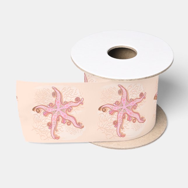 Starfish and Coral Pink Pastel Pattern Satin Ribbon (Spool)