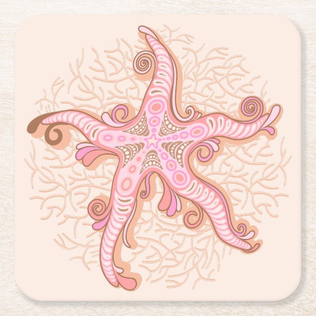 Starfish and Coral Pink Pastel Pattern Square Paper Coaster (Front)
