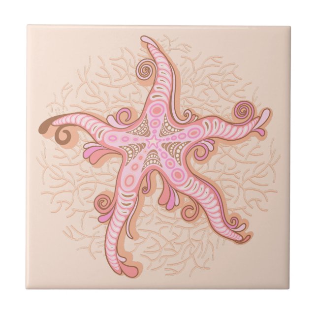 Starfish and Coral Pink Pastel Pattern Tile (Front)