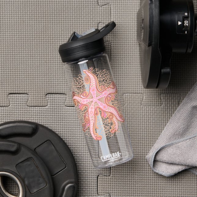 Starfish and Coral Pink Pastel Pattern Water Bottle (Gym (Rotated))