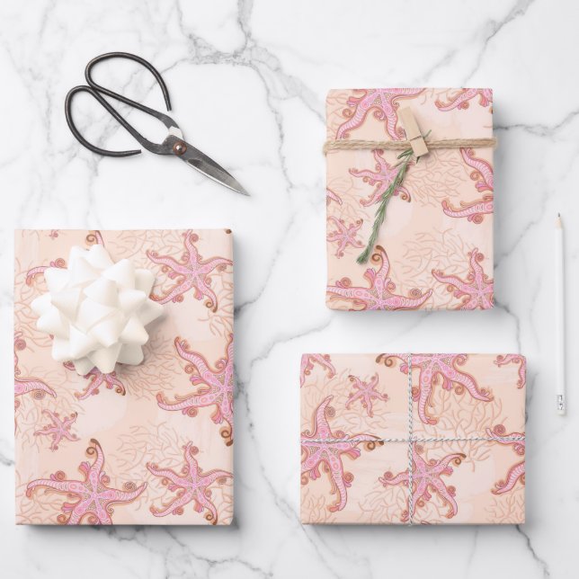 Starfish and Coral Pink Pastel Pattern Wrapping Paper Sheet (Front)
