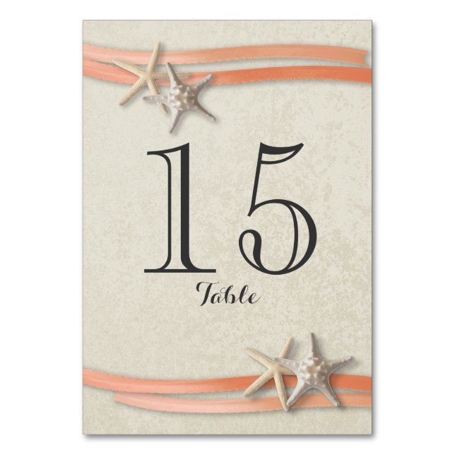 Starfish and Coral Ribbon Table Number Card (Front)