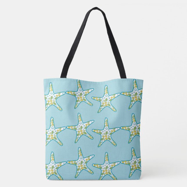 Starfish and floral pattern aqua summer beach tote bag (Back)