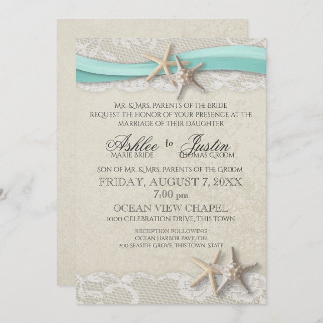 Starfish and Lace Beach Aqua Wedding Invitation (Front/Back)