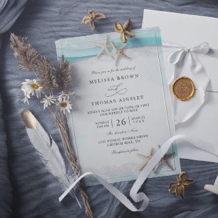 Starfish and Lace Beach Ocean Blue QR Code Wedding Invitation