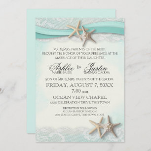 Starfish and Lace Beach Watercolor Aqua Wedding Invitation