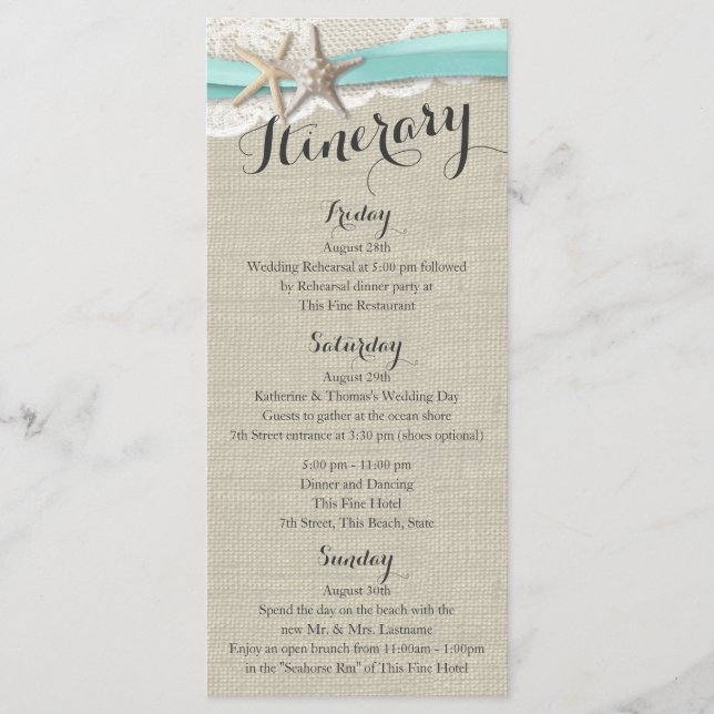 Starfish and Lace Rustic Beach Wedding Itinerary Programme (Front)