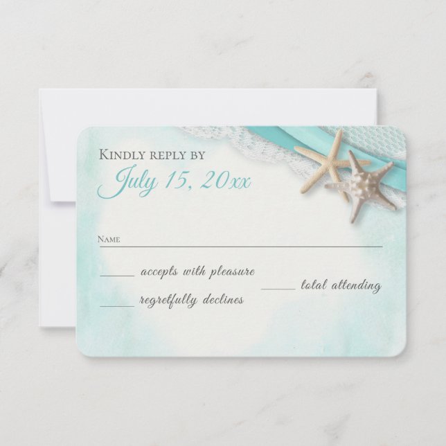 Starfish and Lace Vintage Beach Turquoise RSVP Card (Front)