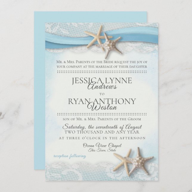 Starfish and Lace Vintage Blue Beach Wedding  Invitation (Front/Back)