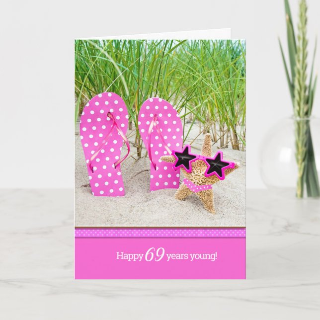 Starfish and pink flip-flops for 69th birthday card (Front)