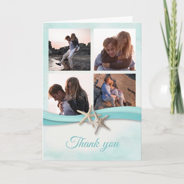 Starfish and Ribbon Beach Thank You with Photos Card (Front)