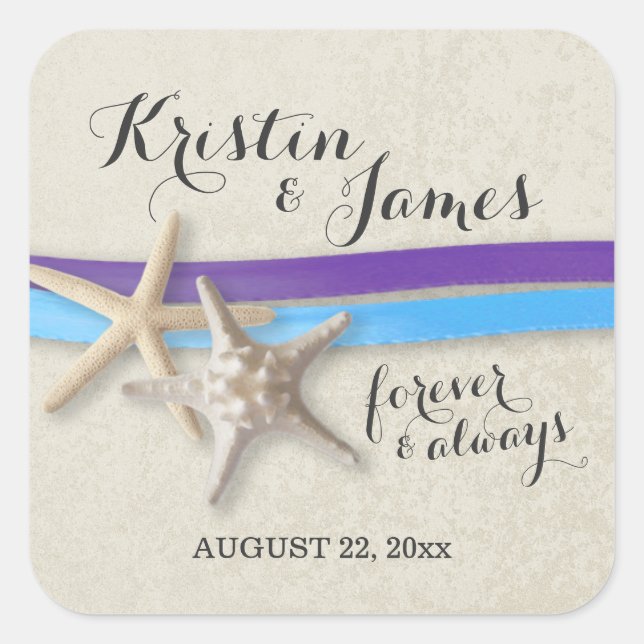 Starfish and Ribbon Purple and Blue Beach Square Sticker (Front)