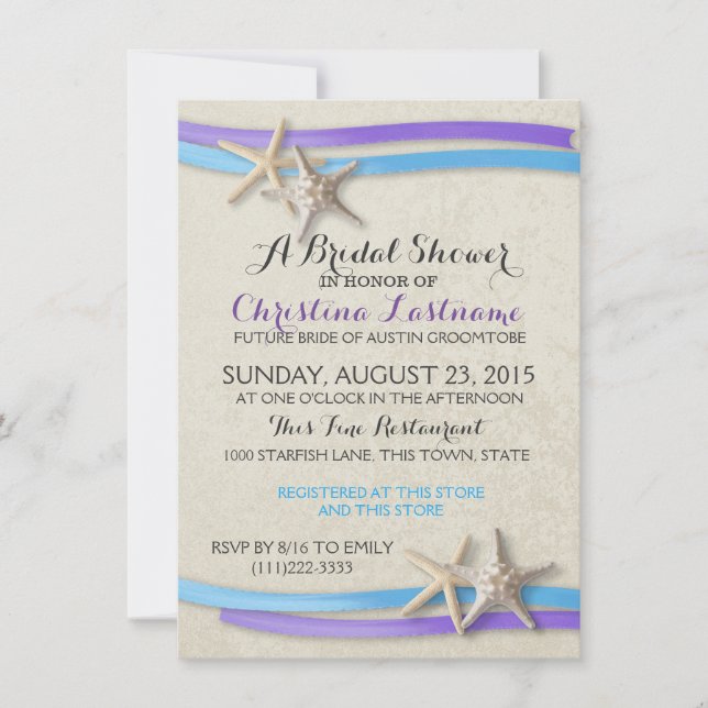 Starfish and Ribbon Purple and Blue Bridal Shower Invitation (Front)