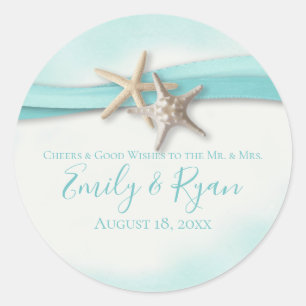 Starfish and Ribbon Turquoise Wedding Classic Round Sticker