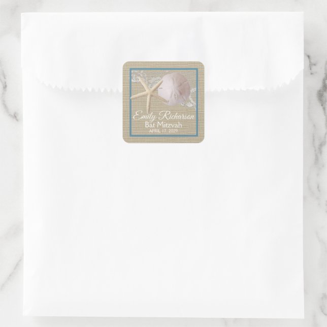 Starfish and Sand Dollar Burlap Beach Bat Mitzvah Square Sticker (Bag)