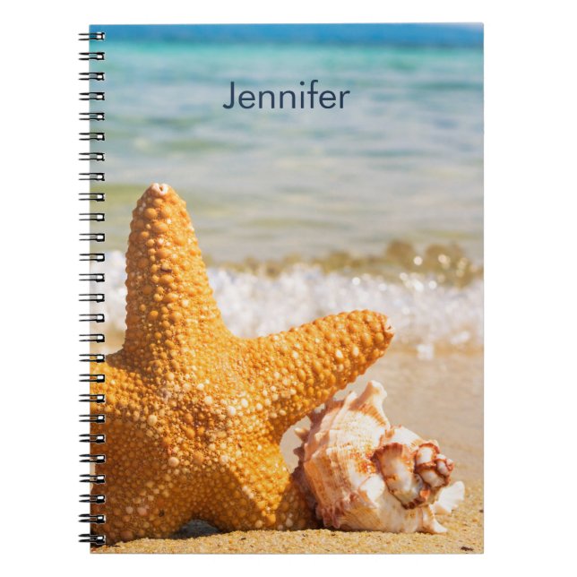 Starfish and Seashells on the Beach Personalised Spiral Notebook (Front)
