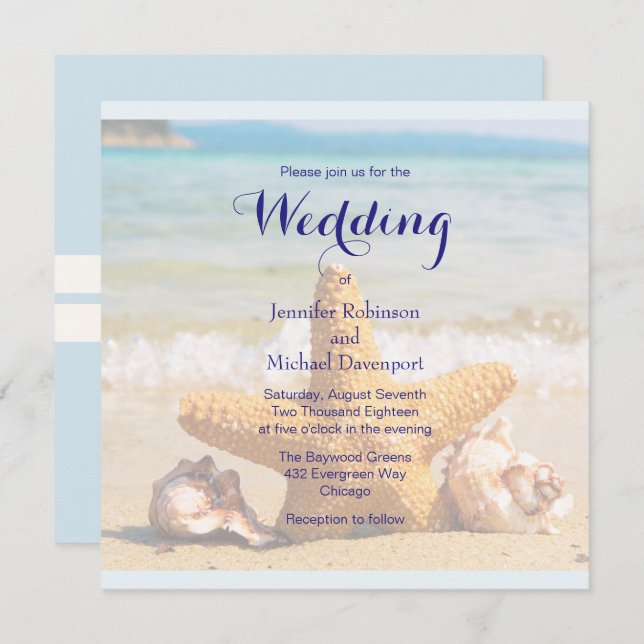 Starfish and Seashells on the Beach Wedding Invite (Front/Back)