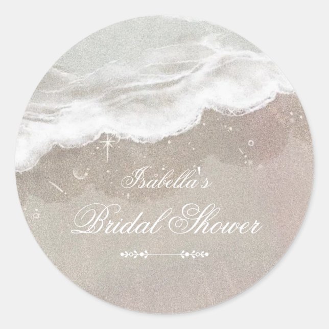 Starfish and Shells Tropical Beach Bridal Shower Classic Round Sticker (Front)