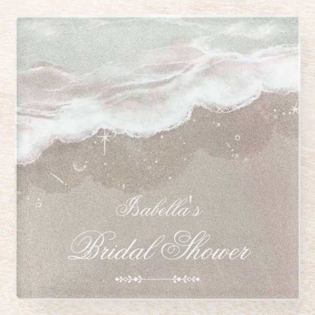 Starfish and Shells Tropical Beach Bridal Shower Glass Coaster (Front)