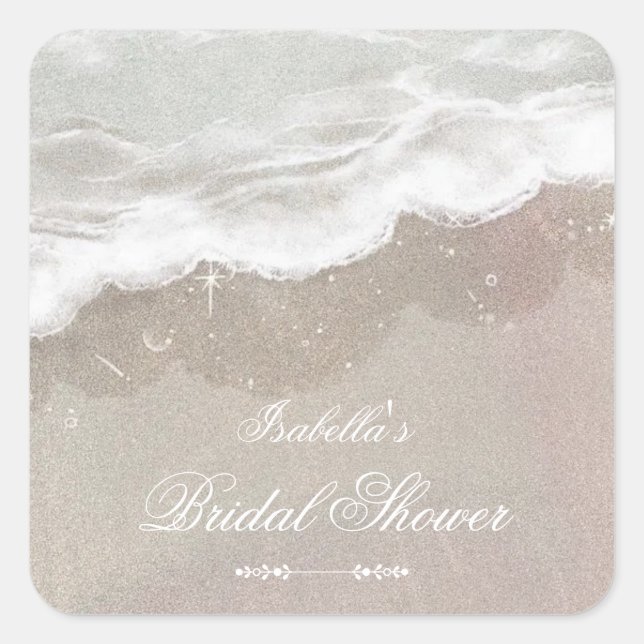 Starfish and Shells Tropical Beach Bridal Shower Square Sticker (Front)