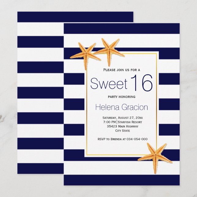 Starfish and stripes beach Sweet Sixteen birthday Invitation (Front/Back)