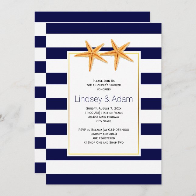 Starfish and stripes beach wedding couples shower invitation (Front/Back)