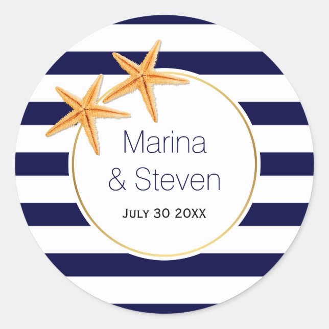 Starfish and stripes navy blue beach wedding classic round sticker (Front)