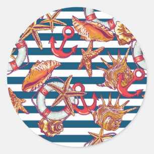 Starfish And Stripes Pattern Classic Round Sticker