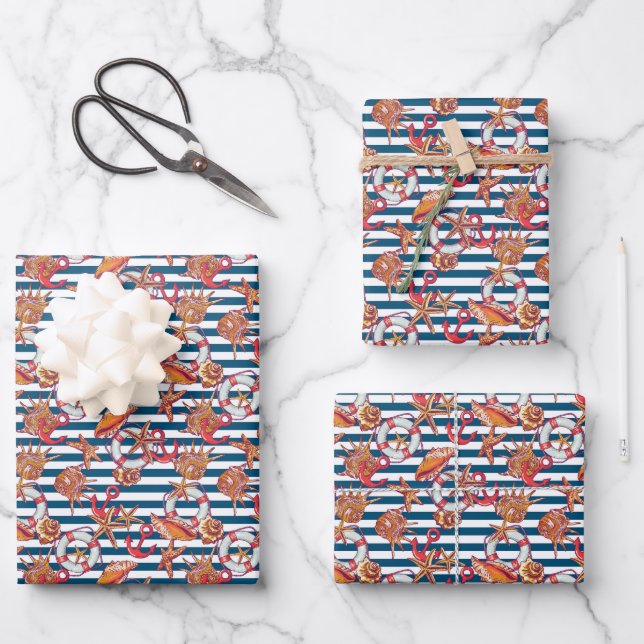 Starfish And Stripes Pattern Wrapping Paper Sheet (Front)