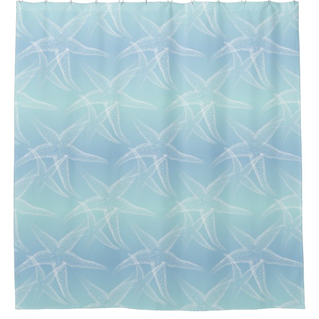 Starfish Aqua Blue Beach Shower Curtain (Front)