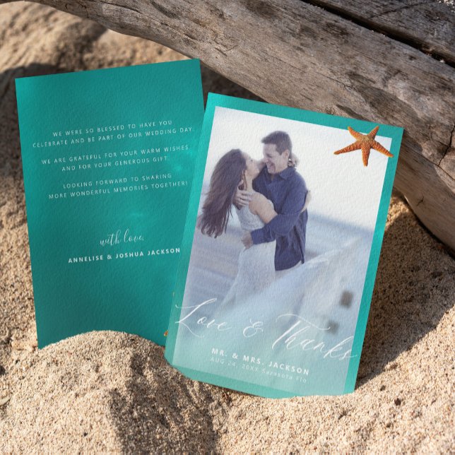 Starfish aqua blue beach wedding photo  thank you card (Creator Uploaded)