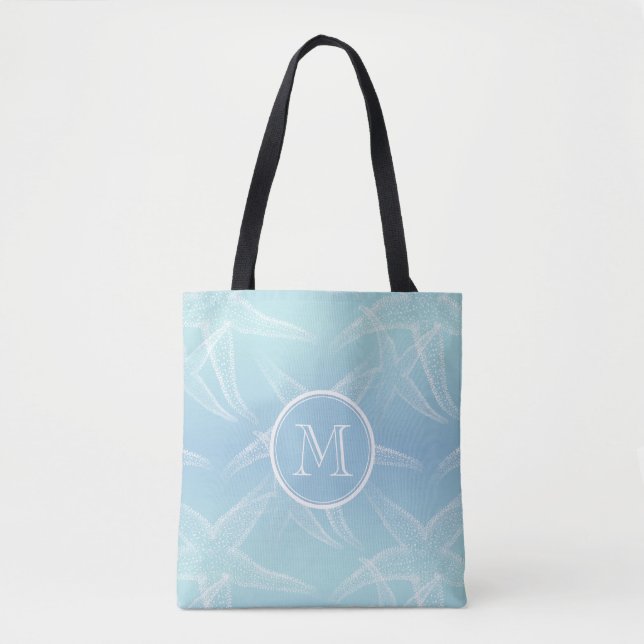 Starfish Aqua Blue Monogram Beach Tote Bag (Front)