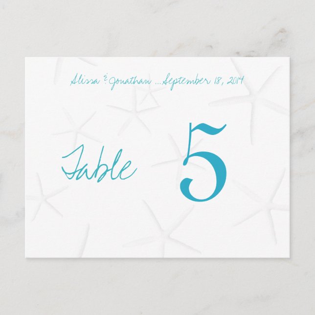 Starfish Aqua Numbers Reception Table Cards (Front)