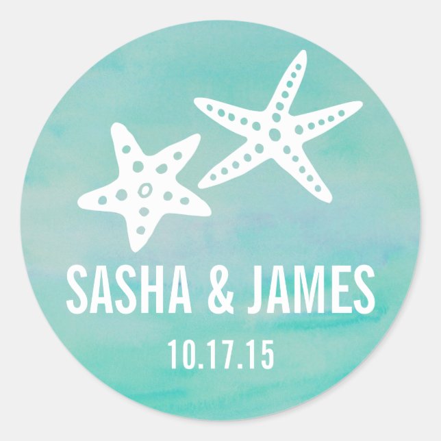 Starfish Aqua Personalised Wedding Stickers (Front)