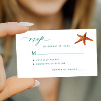 Starfish aqua teal script destination wedding RSVP