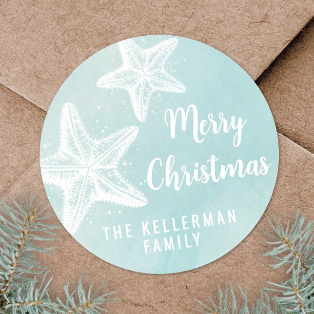 Starfish Beach Christmas Classic Round Sticker (Starfish Beach Christmas Classic Round Sticker)