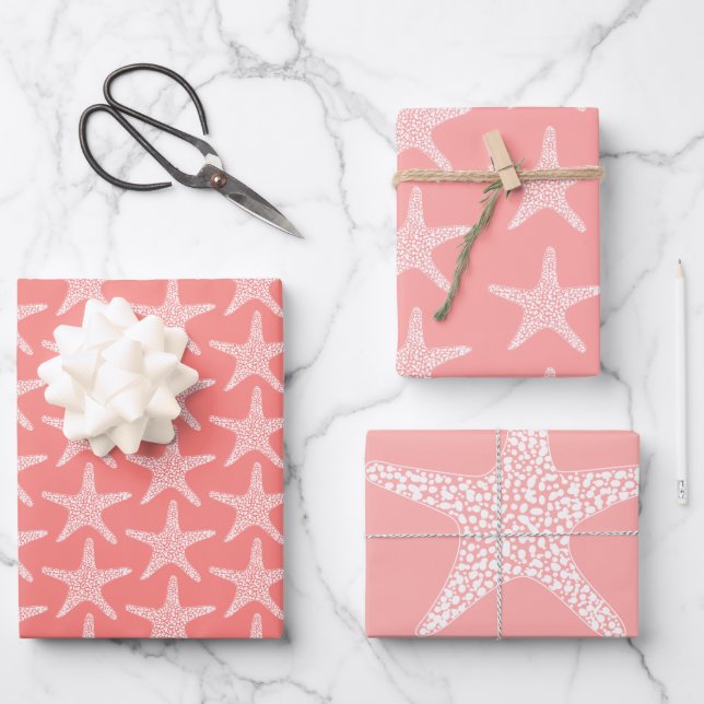  Starfish  Beach Coral Summer Wedding Pattern  Wrapping Paper Sheet (Front)