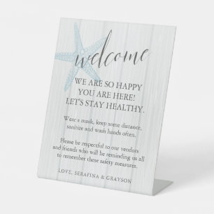 Starfish Beach Rustic Wedding Mask Safety Pedestal Sign