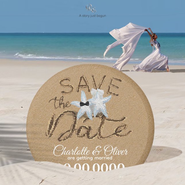 Starfish Beach Save the Date Magnet (Starfish couple Save the Date magnet in sand as the bride gracefully strolls the shore, veil adrift.)