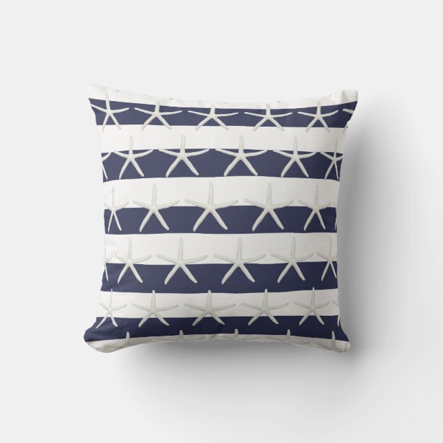 Starfish Beach Watercolor Wash Stripe Navy n White Cushion (Front)