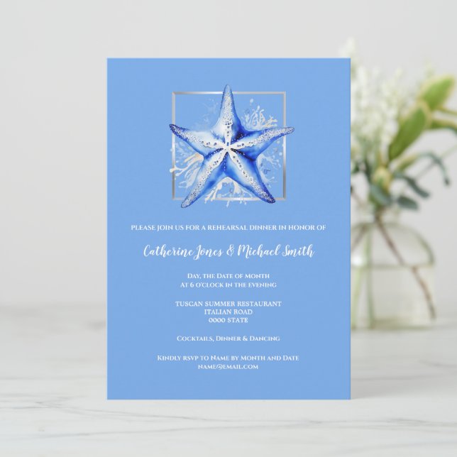 Starfish beach wedding blue white silver dinner invitation (Standing Front)