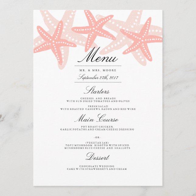 Starfish Beach Wedding Dinner Menu Peach (Front)