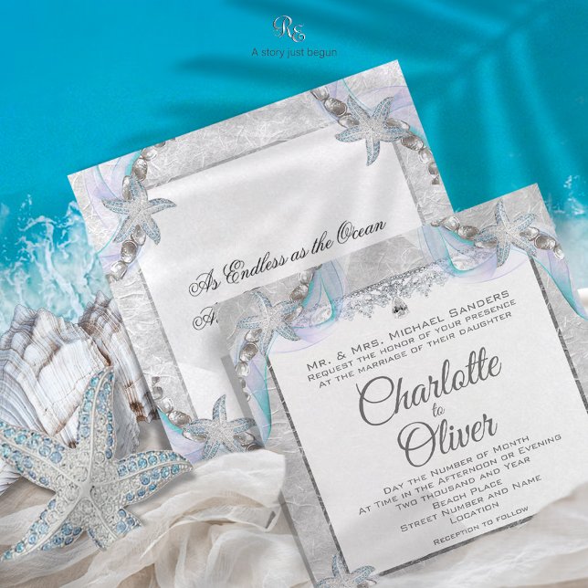 Starfish Beach Wedding Invitation (Invitation front and back with a conch shell on a veil by the water’s edge.)