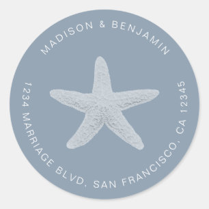 Starfish Beach Wedding Return Address Blue Classic Round Sticker