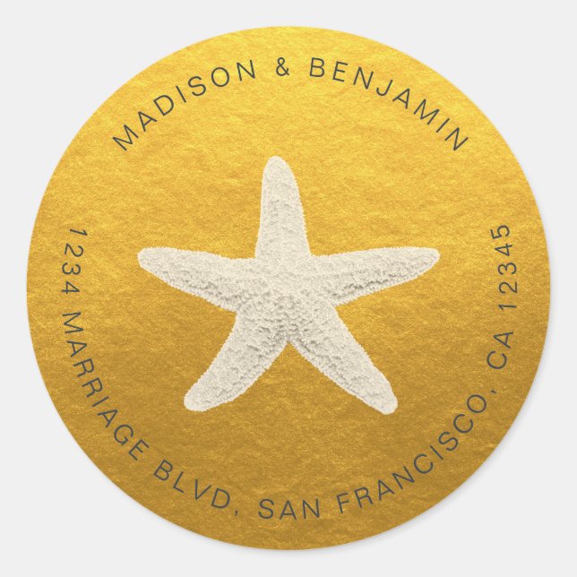 Starfish Beach Wedding Return Address Classic Gold Round Sticker (Front)