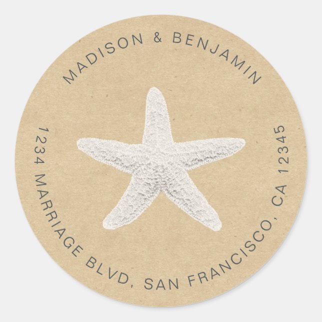 Starfish Beach Wedding Return Address Kraft Classic Round Sticker (Front)